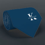 Prussian Blue | Elegant Monogram   Name  One-Sided Tie<br><div class="desc">An elegant one-sided necktie featuring a bold white monogram across a deep Prussian Blue background. On top of this monogram sits your first or last name spelled out in all capitals. Over 40 unique colours are available in both one-sided and two-sided versions. You can browse them by clicking the collection...</div>