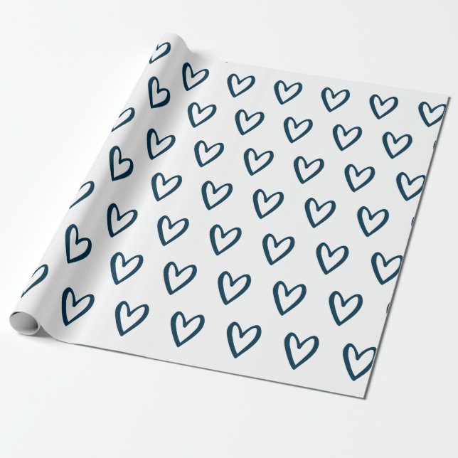 Prussian Blue on White Handdrawn Hearts Wrapping P Wrapping Paper (Unrolled)