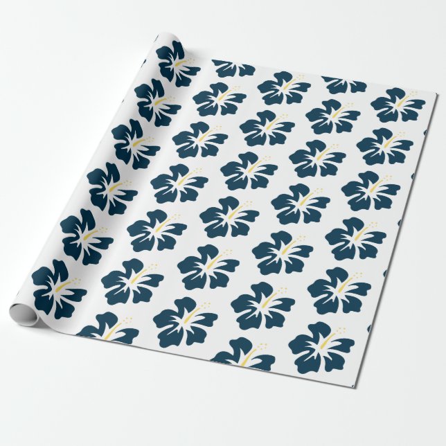 Prussian Blue on White Hibiscus Wrapping Paper (Unrolled)