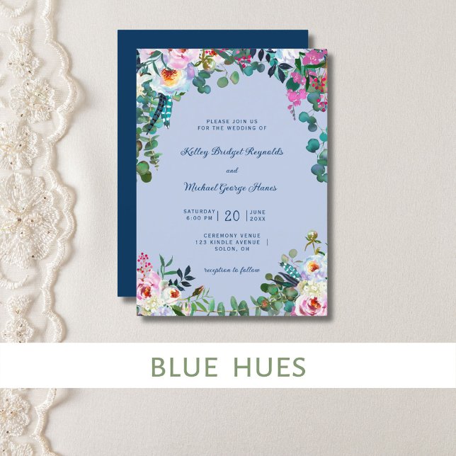 Prussian Blue & Periwinkle Boho Paradise Floral Invitation (Prussian blue and periwinkle watercolor floral makes a pretty spring wedding invitation.)