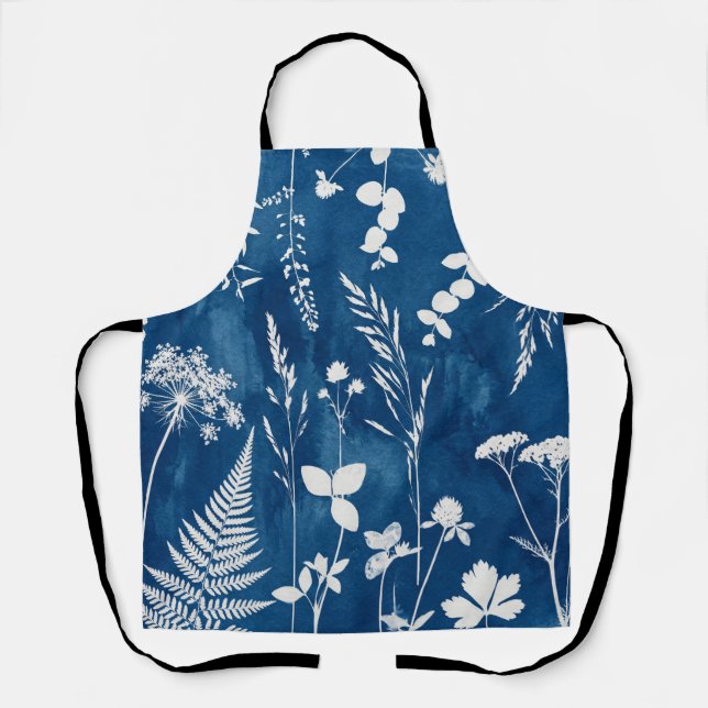 Prussian Indigo Blue Cyanotype Fern Botanical Art Apron (Front)