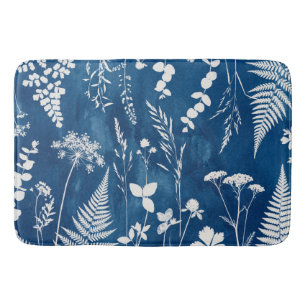 Prussian Indigo Blue Cyanotype Fern Botanical Art Bath Mat