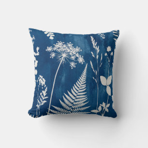 Prussian Indigo Blue Cyanotype Fern Botanical Art Cushion