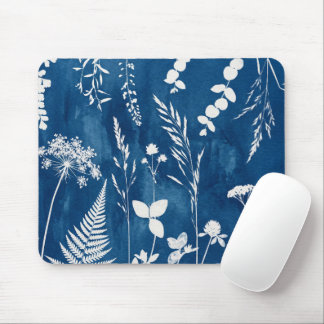 Prussian Indigo Blue Cyanotype Fern Botanical Art Mouse Pad