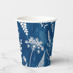 Prussian Indigo Blue Cyanotype Fern Botanical Art Paper Cups