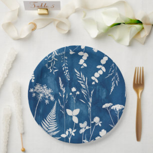 Prussian Indigo Blue Cyanotype Fern Botanical Art Paper Plate