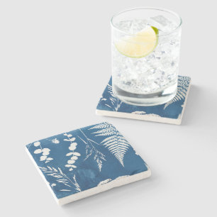 Prussian Indigo Blue Cyanotype Fern Botanical Art Stone Coaster