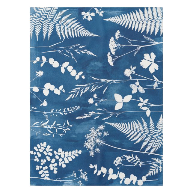 Prussian Indigo Blue Cyanotype Fern Botanical Art Tablecloth (Front)