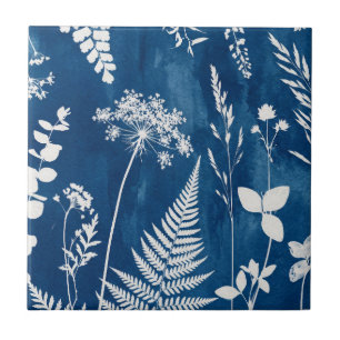 Prussian Indigo Blue Cyanotype Fern Botanical Art Tile
