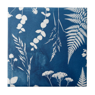 Prussian Indigo Blue Cyanotype Fern Botanical Art Tile