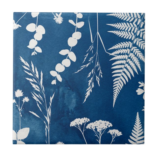 Prussian Indigo Blue Cyanotype Fern Botanical Art Tile (Front)
