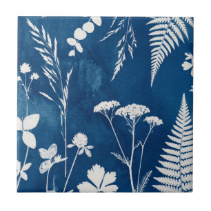 Prussian Indigo Blue Cyanotype Fern Botanical Art Tile