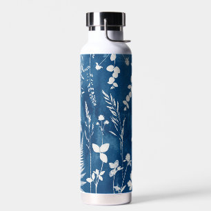 Prussian Indigo Blue Cyanotype Fern Botanical Art Water Bottle