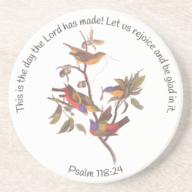 Psalm 118:24 Bible Verse and Painted Bunting Birds Coaster (Front)