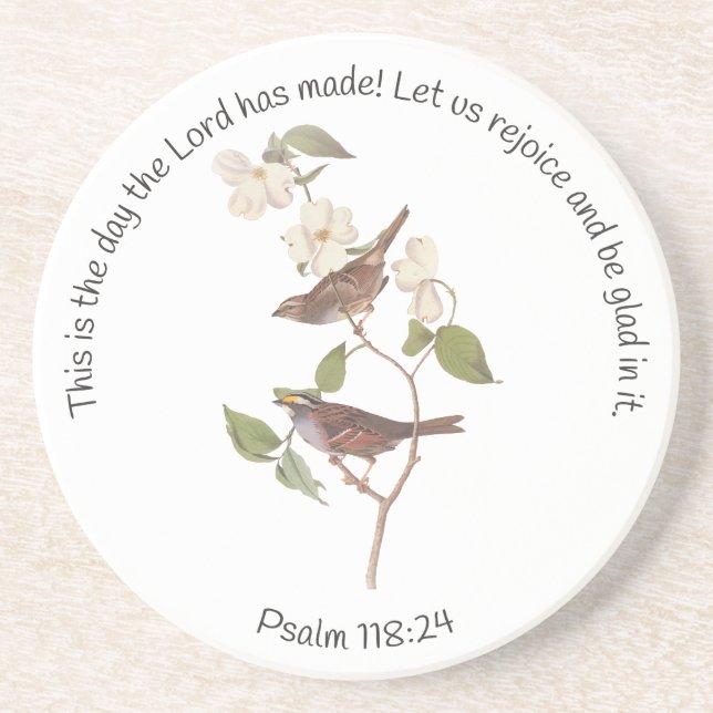 Psalm 118:24 Bible Verse and Sparrow Pair Coaster (Front)