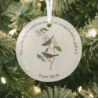 Psalm 118:24 Bible Verse and Sparrow Pair Glass Tree Decoration