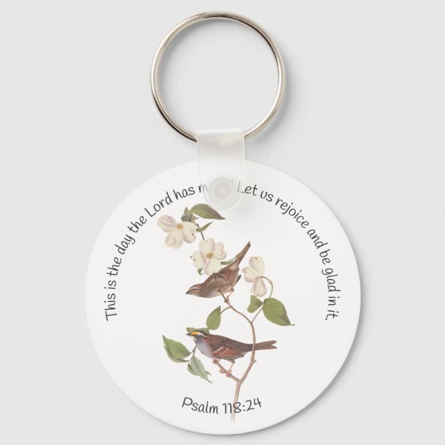 Psalm 118:24 Bible Verse and Sparrow Pair  Patch Key Ring (Front)