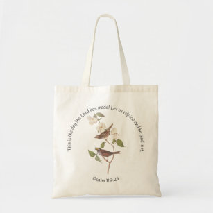 Psalm 118:24 Bible Verse and Sparrow Pair Tote Bag