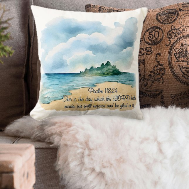 Psalm 118 Day to Rejoice Cloudy Beach Scene Cushion (Psalm 118 Day to Rejoice Cloudy Beach Scene Throw Pillow)