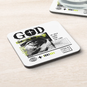 Psalm 121:2 Neon Lime Eye Of God CRT Glitch Art Coaster