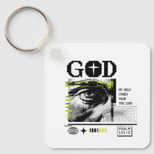 Psalm 121:2 Neon Lime Eye Of God CRT Glitch Art Key Ring