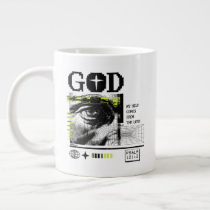 Psalm 121:2 Neon Lime Eye Of God CRT Glitch Art Large Coffee Mug