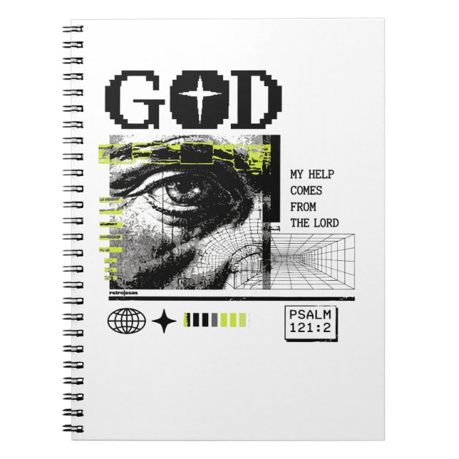 Psalm 121:2 Neon Lime Eye Of God CRT Glitch Art Notebook (Front)