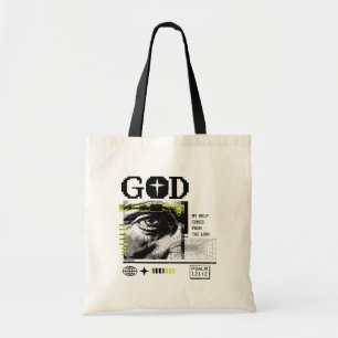 Psalm 121:2 Neon Lime Eye Of God CRT Glitch Art Tote Bag