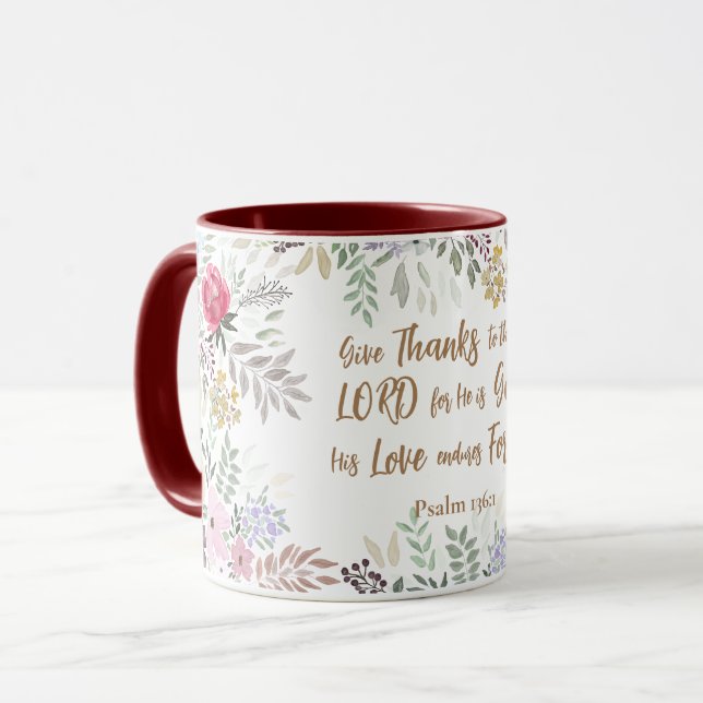 Psalm 136:1  Give Thanks to the Lord Floral Mug (Front Left)