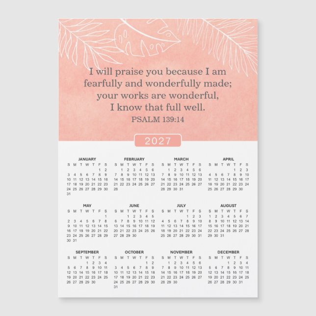 Psalm 139:14 2027 Pink Calendar Magnet (Front)