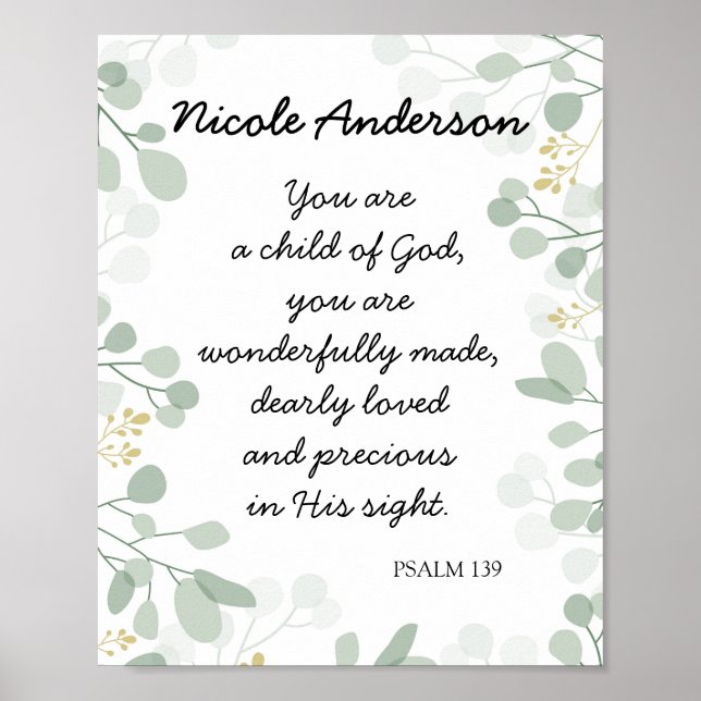 Psalm 139 Bible Quote Child of God Name Poster (Front)