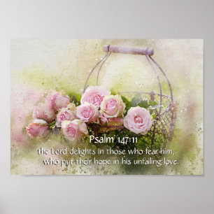 Psalm 147:11 Inspiring Bible Verse Pink Roses Poster