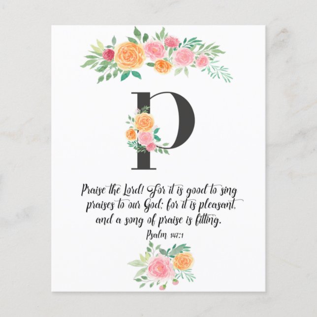 Psalm 147:1, Letter P, watercolor scripture card (Front)