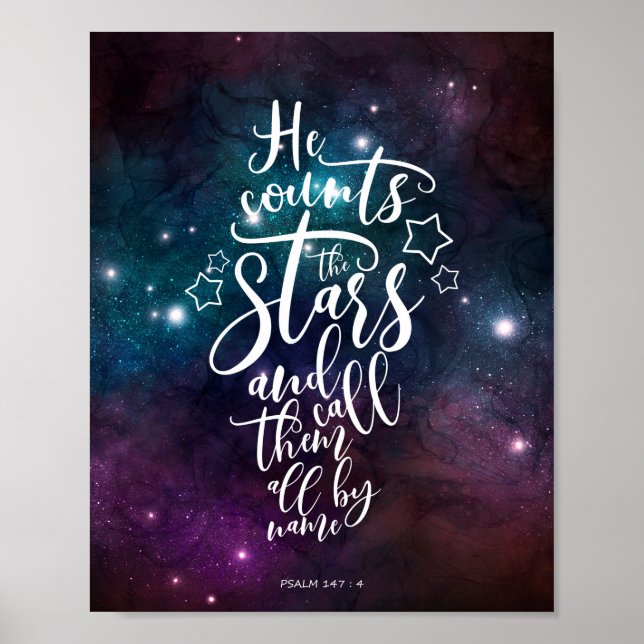 Psalm 147:4 He Counts the Stars Bible Poster (Front)