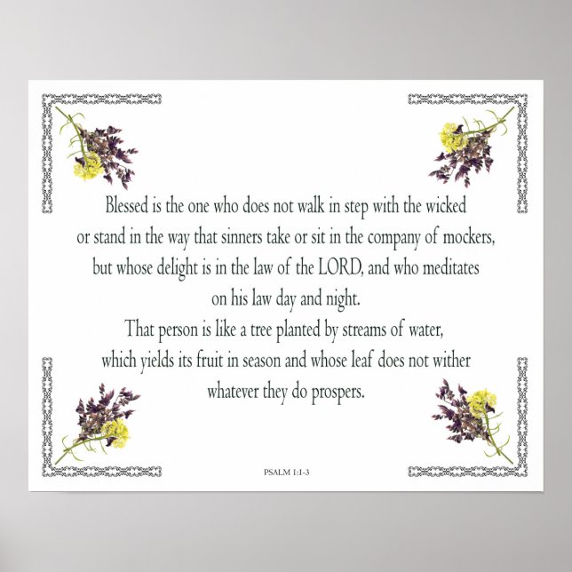 Psalm 1 Art - Blessed Righteous with Floral Design Poster (Front)