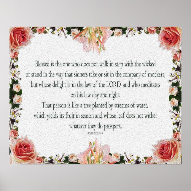 Psalm 1 Art - Blessed Righteous with Floral Design Poster (Front)