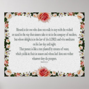 Psalm 1 Art - Blessed Righteous with Floral Design Poster