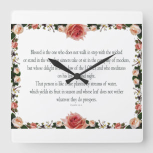 Psalm 1, Flower borders Colorful Square Wall Clock