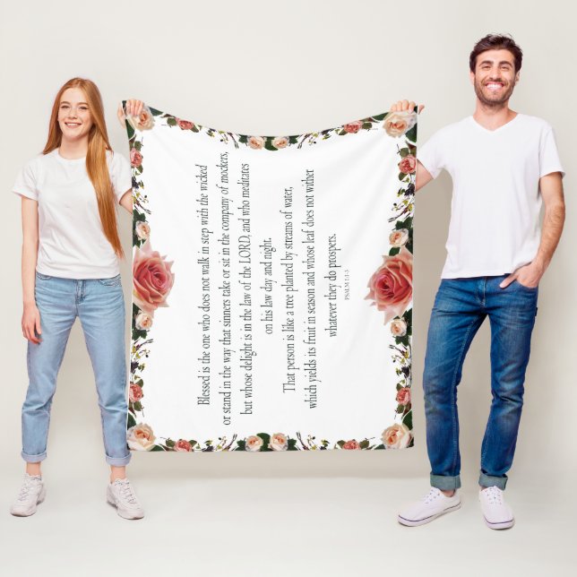 Psalm 1 with Flower Borders Fleece Blanket (In Situ)