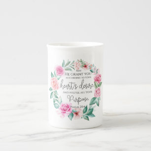 Psalm 20:4 Christian Bible Verse Pink Floral Bone China Mug