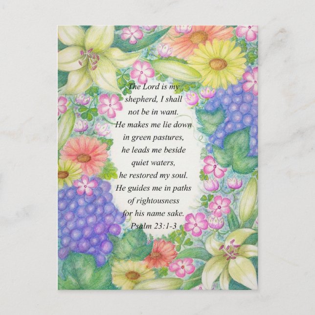 Psalm 23:1-3 and flowers postcard (Front)