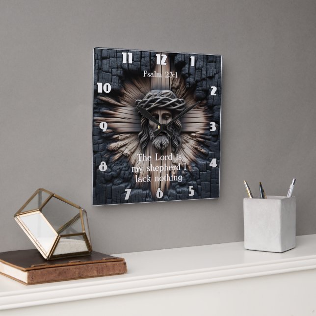 Psalm 23:1 Carved Jesus Wood  Square Wall Clock (Office)