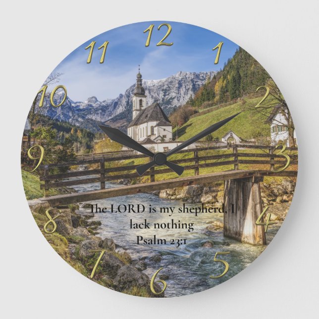 Psalm 23:1 church near the moutain with river  large clock (Front)