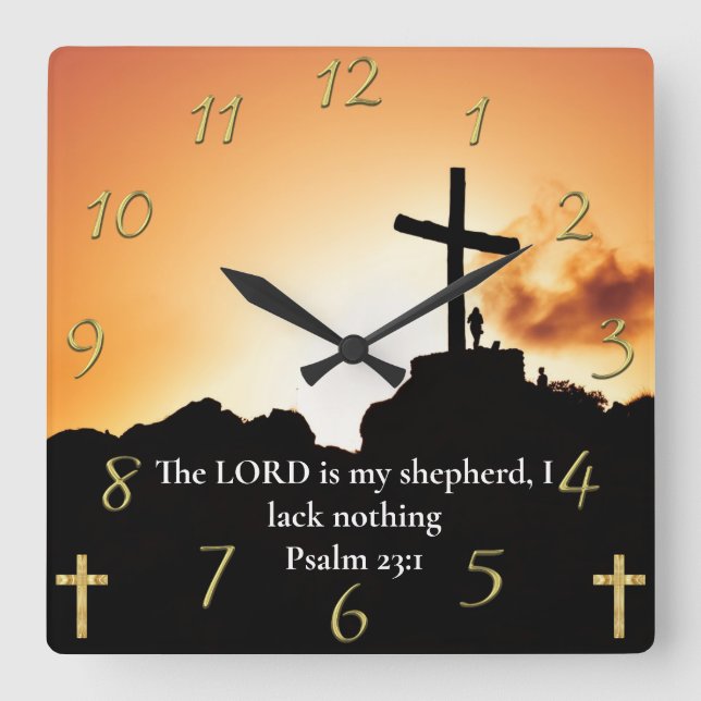 Psalm 23:1 cross on a mountain square wall clock (Front)