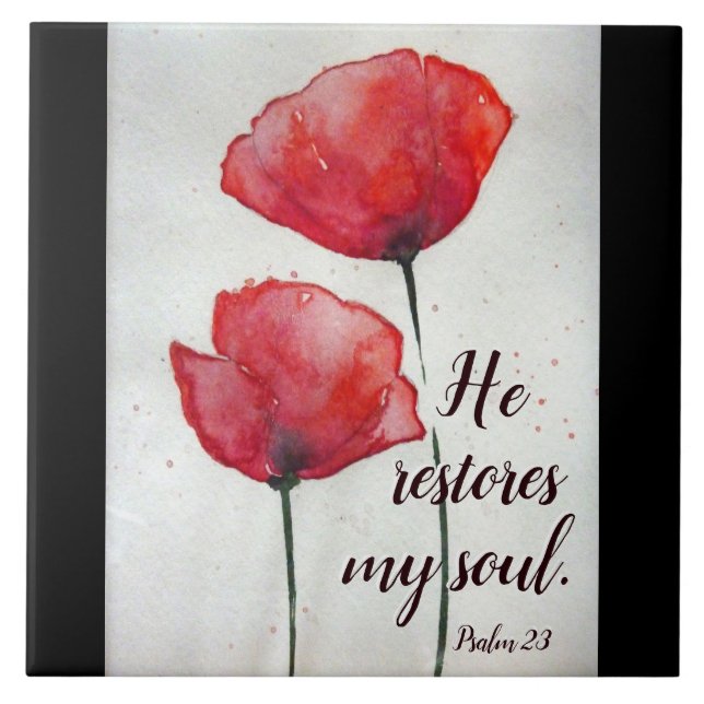 Psalm 23:3 He restores my soul, Bible Verse Floral Tile (Front)