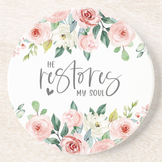 Psalm 23:3 He Restores my Soul Bible Verse & Roses Coaster (Front)