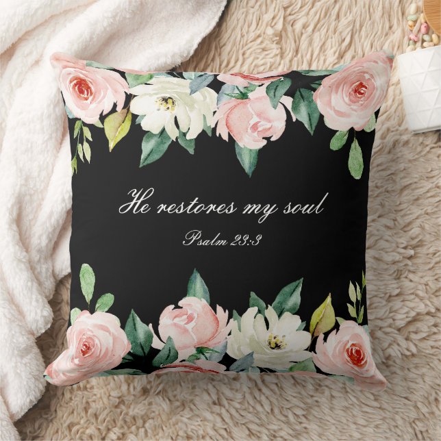 Psalm 23:3 He Restores my Soul Bible Verse & Roses Cushion (Blanket)