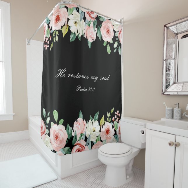 Psalm 23:3 He Restores my Soul Bible Verse & Roses Shower Curtain (In Situ)