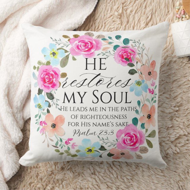 Psalm 23:3 - He restores my soul Pink Floral Bible Cushion (Blanket)