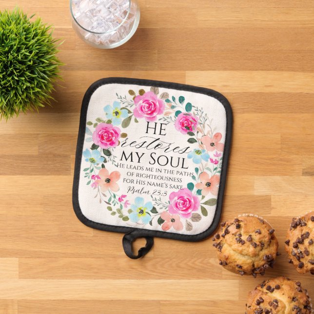 Psalm 23:3 - He restores my soul Pink Floral Bible Pot Holder (Top Down)